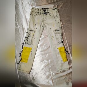 Kids White Cargo Jeans with Yellow Knee Panels